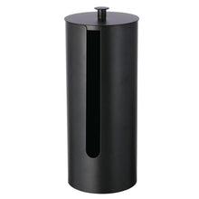 Matte black metal toilet paper holder with round lid and front dispensing slot