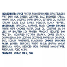Frozen Alfredo chicken skillet meal ingredients list panel with allergens statement