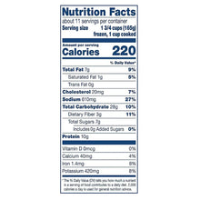Frozen meal pouch nutrition facts label