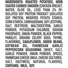 Ingredient list for roasted potatoes, herb-coated cooked chicken, garlic and parmesan
