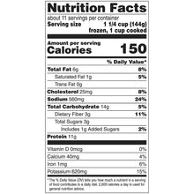 Nutrition facts label showing 150 calories per serving for frozen meal