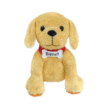 Small yellow puppy plush with black nose, floppy ears, red collar, white name tag