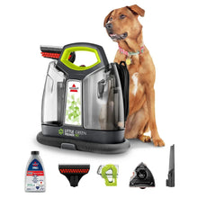 Portable deep cleaner with lime-green handle and clear dirty-water tank
