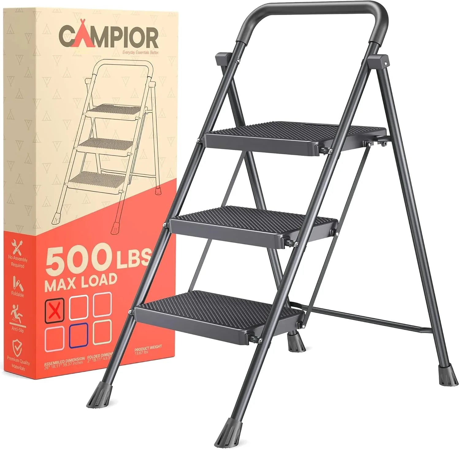 Black 3 Step Stool Foldable – Heavy-Duty Foldable Step Stool, 500 lbs Capacity, Anti-Slip Feet & Wide Steps, Sturdy Steel Frame, Lightweight & Space-Saving Design for Home, Kitchen & Garage