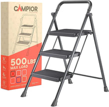 Black 3-step foldable step stool with textured platforms and anti-slip feet