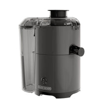Black plastic fruit and vegetable juicer with clear pulp container and side control knob