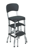 Black retro counter step stool with padded seat, back, and three sliding steps