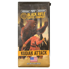 Ground coffee bag with Kodiak Attack label and 12 oz net weight