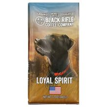 Black Rifle Coffee Company ground coffee bag with dog and Loyal Spirit label