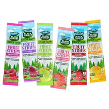 Fruit strips variety pack showing multiple flavored strip bags: cherry, apple, raspberry, grape, strawberry, apricot.