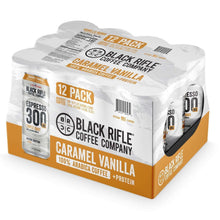 Caramel vanilla espresso 300 coffee 12-pack box, Black Rifle Coffee Company cans