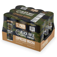 Black Rifle Coffee Company espresso mocha coffee 12-pack carton with camouflage design.
