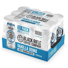 Black Rifle Espresso 300 vanilla bomb 12-pack, three cans in blue pack wrap