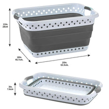 Collapsible laundry basket open, gray bin with white perforated sides and handles