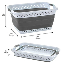 Collapsible laundry basket with white perforated sides and dark grey base, rectangular shape