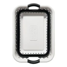 Collapsible laundry basket frame and lid in white with black handles, perforated sides