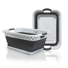 Collapsible laundry basket with perforated side panels, gray base and white frame