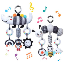 Baby hanging sensory rattle set with striped crocodile plush and assorted dangling animal toys