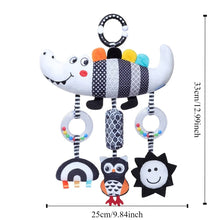 Baby hanging sensory rattle with striped crocodile plush and three hanging character toys