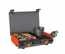 14 in propane camping griddle with side burner, black base and gray lid