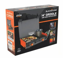 14 in camp griddle with side burner in box, gray lid and orange accents