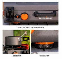 Camping griddle control panel with handle and latches, orange knobs visible