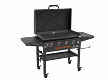 Blackstone 4-burner outdoor griddle with open hood and front control knobs on black frame