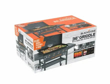 Blackstone 36" griddle retail box showing griddle, hood, and folding side shelves