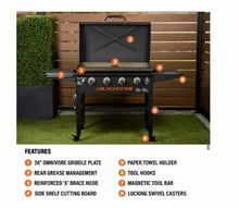 Outdoor griddle with open hood and numbered feature icons for accessories and base parts