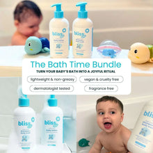 Bliss baby wash and lotion bottles with blue pumps on white bottles