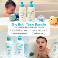 Baby bath bundle bottles with blue pumps and smiling baby on packaging cards