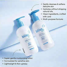 Two baby bath bottles with blue pumps: baby lotion and shampoo+body wash side by side
