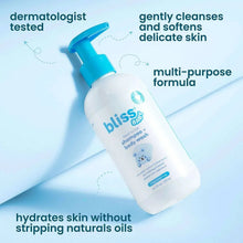 Shampoo+body wash bottle with blue pump, ingredient benefit callouts on background