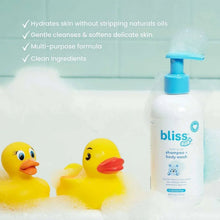 Shampoo+body wash bottle with blue pump in foamy bath scene, label visible