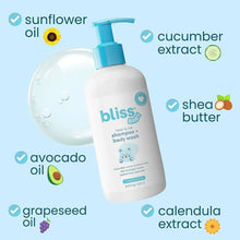Baby body wash bottle with blue pump, ingredient callouts around the bottle