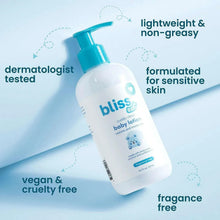 Baby lotion bottle with blue pump on light background, badge callouts around it