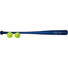 Blue plastic baseball bat with two green balls attached near the barrel