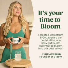 Bloom colostrum & collagen peptides supplement tub held by woman in teal top