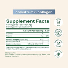 Supplement Facts panel for colostrum & collagen peptides, servings per container