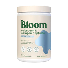 Bloom colostrum & collagen peptides supplement tub, white with blue label