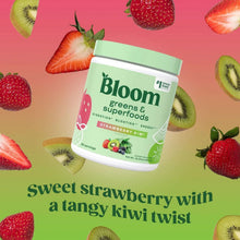 Bloom greens & superfoods powder jar with Strawberry Kiwi label