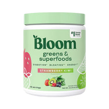Bloom greens & superfoods powder tub, strawberry kiwi flavor, green lid