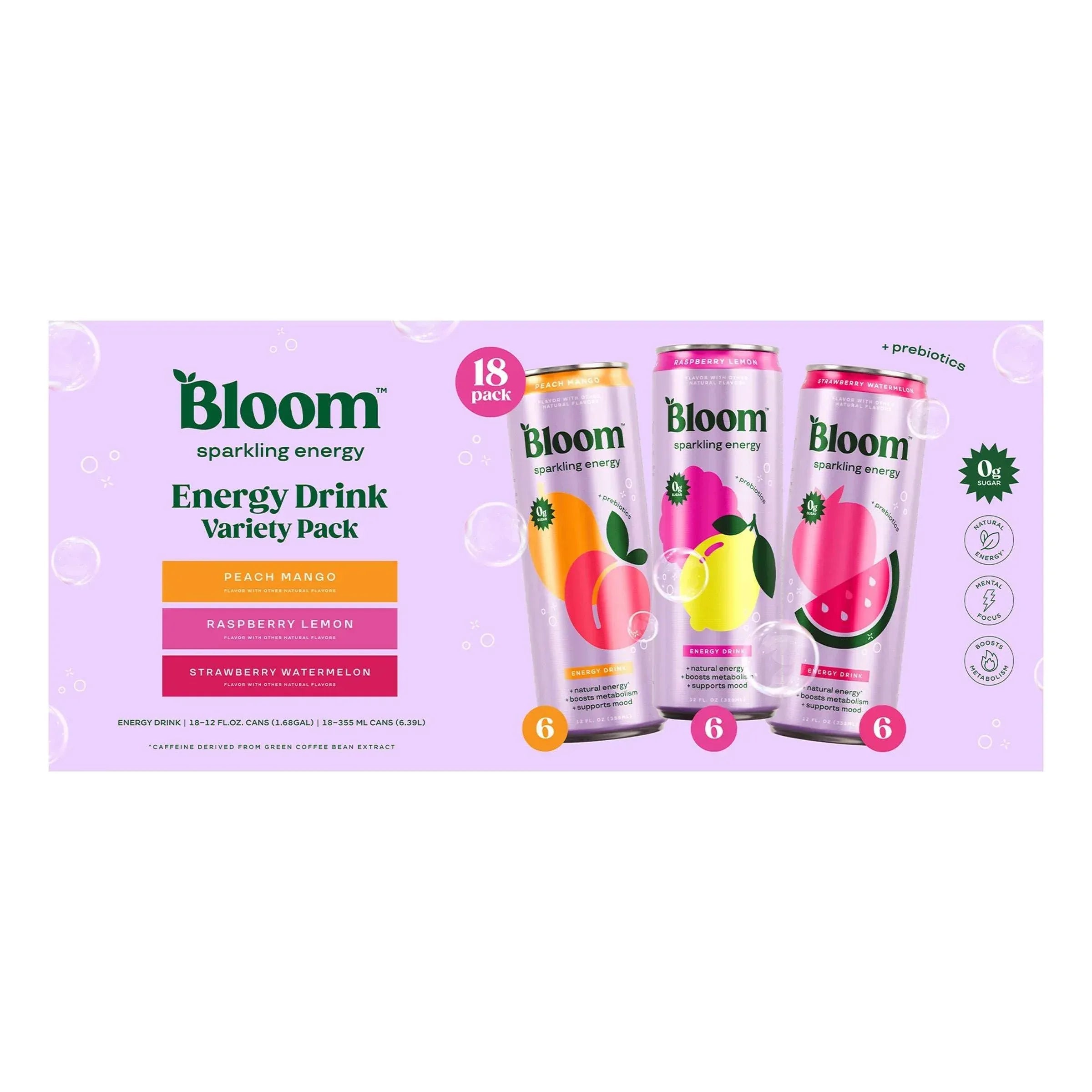 Bloom Sparkling Energy Drink, Variety Pack, 12 fl oz, 18 Count