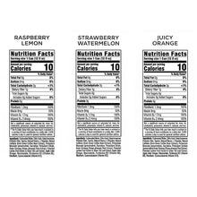 Nutrition facts labels for raspberry lemon, strawberry watermelon, and juicy orange