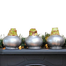 Waxed amaryllis trio with silver bulb bases, green foliage, and small warm lights at base.