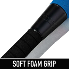 Foam baseball bat with black soft foam grip and blue barrel