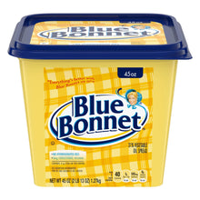 Vegetable oil spread tub with blue snap lid and yellow label, 45 oz