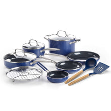 Blue Diamond ceramic nonstick cookware set in blue with matching lids and utensils