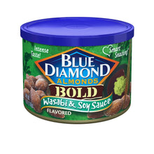 Blue Diamond Bold Wasabi & Soy Sauce almonds jar with blue lid and green badge