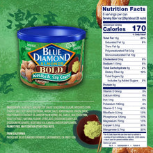 Blue Diamond Bold Wasabi & Soy Sauce almonds jar with Nutrition Facts and ingredients list